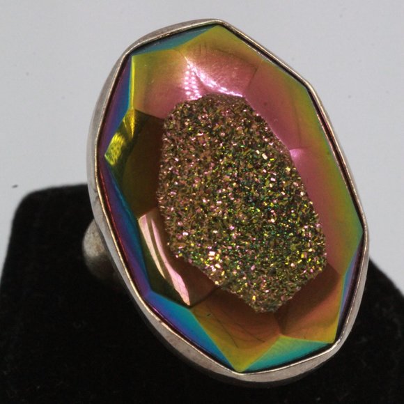 STERLING SILVER OBSIDIAN DRUZY LARGE OVAL SPLIT RING - Picture 1 of 7